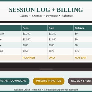 May include: A digital session log and billing template displayed on a laptop screen. The table includes columns for Client, Fees, Paid, and Balance, with rows for C-001 Jordan, C-002 Sam, C-003 Alex, and C-007 Quinn. Buttons below read INSTANT DOWNLOAD, PRIVATE PRACTICE, and EXCEL + SHEETS.