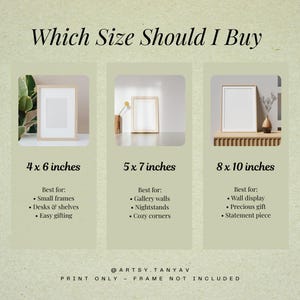 Pu&ograve; includere: Grafico informativo con il testo "Quale taglia dovrei comprare" che mostra tre stampe incorniciate in diverse dimensioni: 10 x 15 cm, 13 x 18 cm e 20 x 25 cm. Ogni dimensione ha un elenco di usi suggeriti. Il testo "STAMPA SOLO - CORNICE NON INCLUSA" &egrave; in basso.