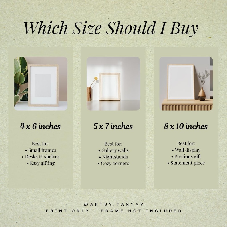 May include: An informational graphic with the text "Which Size Should I Buy" and three framed prints. The sizes are 4 x 6 inches, 5 x 7 inches, and 8 x 10 inches, with suggestions for use. The text "PRINT ONLY - FRAME NOT INCLUDED" is at the bottom.