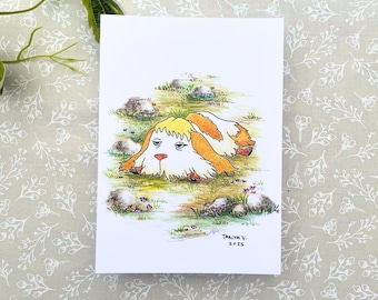Dipinto di un cane acquerello stravagante / Illustrazione di un cucciolo ispirato allo stile Ghibli / Arte naturalistica delicata / Cane con fiori / Piccola stampa artistica di un cuore