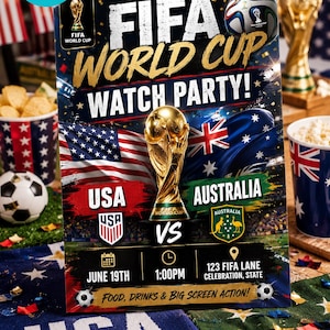 以下が含まれることがあります： FIFAワールドカップ観戦パーティーのチラシ。アメリカとオーストラリアの国旗、金色のトロフィー、6月19日午後1時、123 FIFA Lane開催という詳細が記載されています。サッカーの画像、イベント情報、パーティーのタイトルがデザインされています。