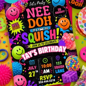 Peut inclure: Une invitation d'anniversaire rectangulaire sur fond noir avec du texte et des graphismes colorés. Elle affiche les mots Let's Party, Nee Doh, It's Time To Squish, Join Us To Celebrate, Tay's Birthday, July 27th, 10:00 AM, 123 Squish Lane, et RSVP 555-444-3210, entourés d'illustrations de balles souriantes et d'éclaboussures colorées.