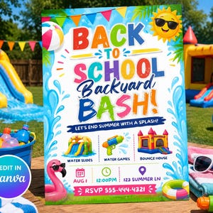Convite para Festa de Volta às Aulas - Modelo Editável no Canva, Convite para Festa no Quintal, Festa com Tobogã Aquático, Aniversário com Castelo Inflável, Festa de Verão Divertida