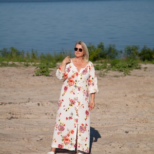 Designer dress &quot;Santa Monica&quot;.Floral print maxi dress boho white beach kaftan dress loose summer house dress.