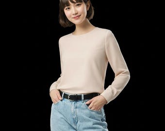 Beige long sleeve blouse minimalist women top