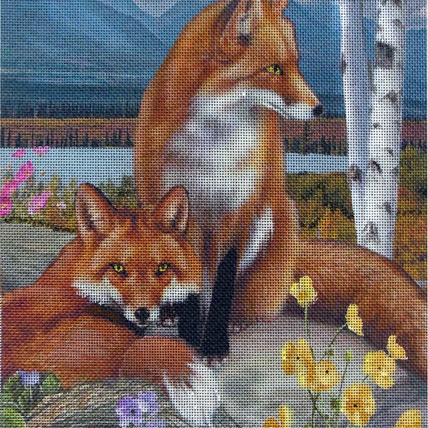 Red Foxes at Spring Mountain Needlepoint Canvas