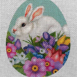 White Bunny in Flowers Egg Needlepoint Canvas