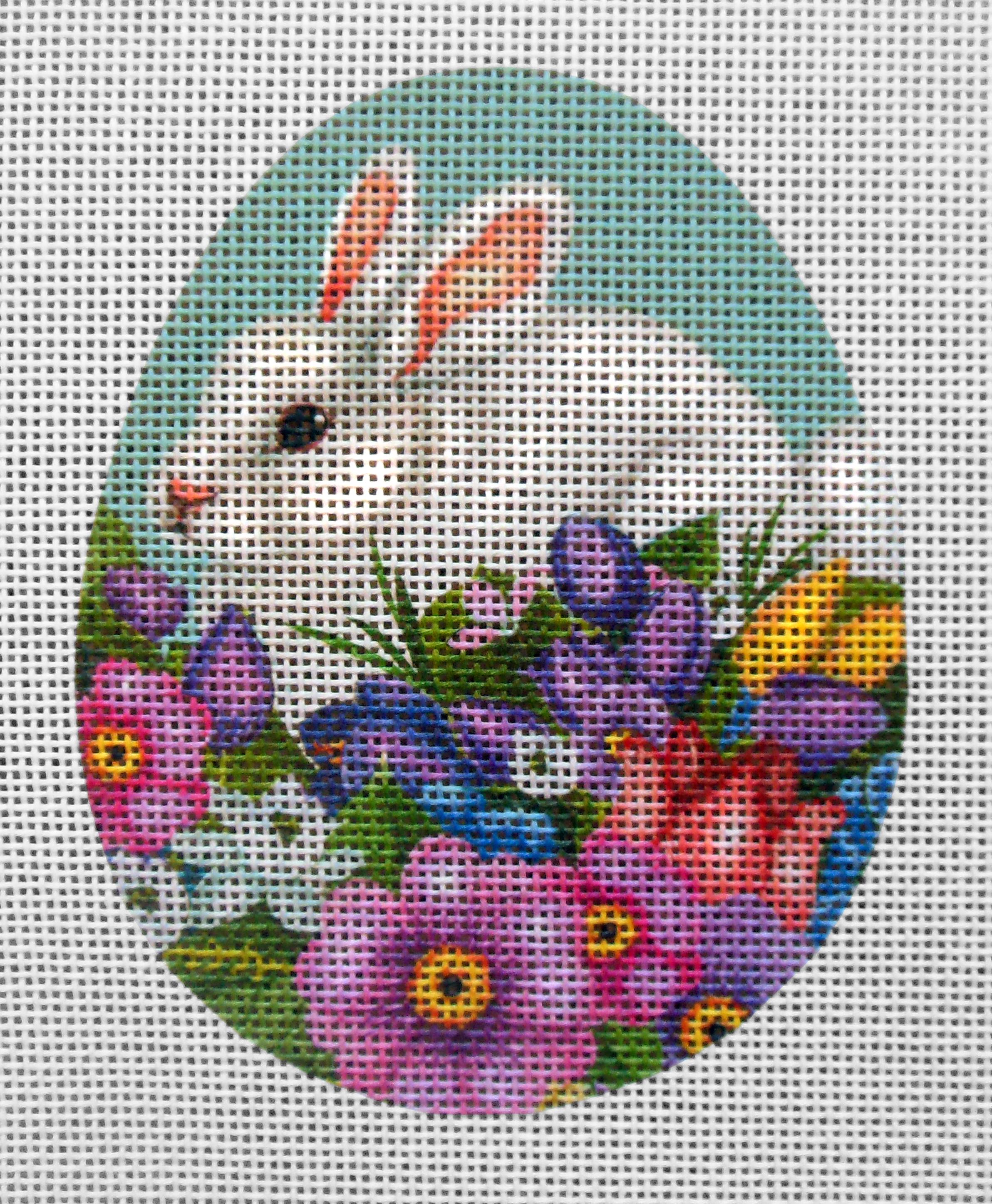 White Bunny in Flowers Egg Needlepoint Canvas