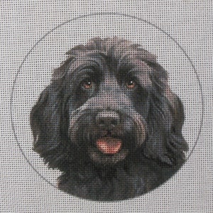 May include: A black dog with a fluffy coat and a happy expression. The dog's head is centered in the image and the background is a white canvas.