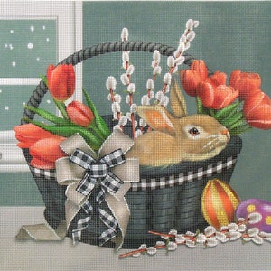 CORAL TULIPS BUNNY Needlepoint Canvas