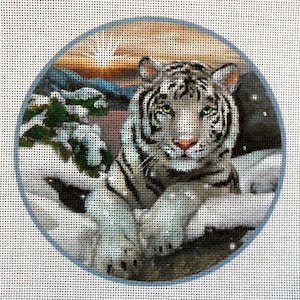 White Tiger 6&quot; Round Needlepoint Canvas