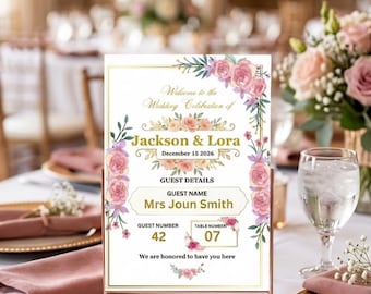 Modelo editável de placa de boas-vindas para casamento | Placa de mesa floral personalizada para casamento | Cartão de lista de convidados personalizado | Papelaria de casamento faça você mesmo