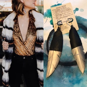 Bike inner-tube ,vegan, feather earrings with silver accent