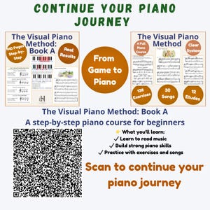 Op de afbeelding: Een advertentie voor "The Visual Piano Method: Book A", een pianocursus voor beginners. De afbeelding bevat tekst, een QR-code en illustraties van pianotoetsen en bladmuziek. De tekst moedigt aan om "Je pianoreis voort te zetten."