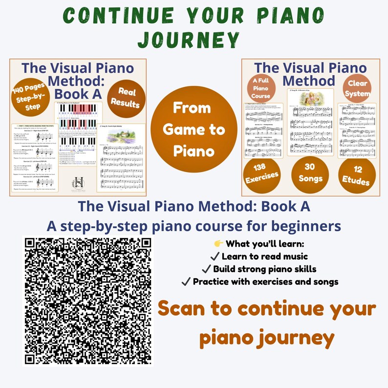 Op de afbeelding: Een advertentie voor "The Visual Piano Method: Book A", een pianocursus voor beginners. De afbeelding bevat tekst, een QR-code en illustraties van pianotoetsen en bladmuziek. De tekst moedigt aan om "Je pianoreis voort te zetten."