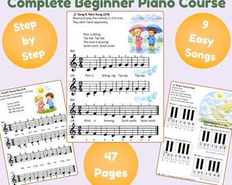 Folhas de exercícios de piano para iniciantes, aulas de piano para crianças, jogos musicais para imprimir, pacote de músicas fáceis para piano, níveis 1, 2 e 3.