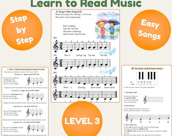 Folhas de exercícios de piano para iniciantes, aulas de piano para crianças, jogos musicais imprimíveis para crianças, músicas fáceis para piano, nível 3, leitura de notas.