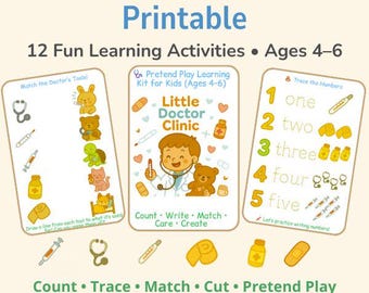 Kit Médico de Brincadeira para Imprimir | Pacote de Atividades de Dramatização para Pré-Escolares / 4 a 6 Anos