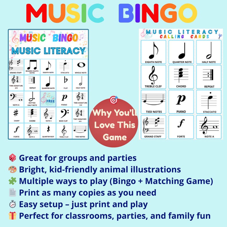May include: A colorful "Music Bingo" game set with "Music Literacy" and "Music Literacy Calling Cards" on display. The game includes musical notes, symbols, and the text "Why You'll Love This Game".