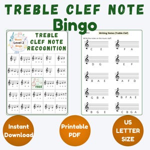 Op de afbeelding: Een printbaar Treble Clef Note Recognition en Bingospel. Het spel bevat een bingokaart met muzieknoten en een werkblad voor het schrijven van noten op de muziekbalk. De afbeelding bevat ook de tekst "Direct downloaden", "Printbare PDF" en "US Letter Size".