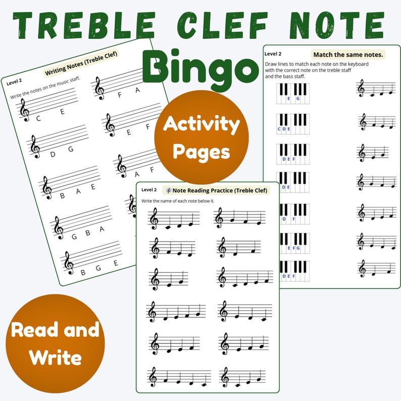 Op de afbeelding: Educatieve activiteitpagina's voor muziekstudenten. De afbeelding toont werkbladen met muzieknotatie, inclusief G-sleutelnoten en pianotoetsenborddiagrammen. Tekst bevat "Treble Clef Note Bingo", "Activity Pages", "Read and Write".