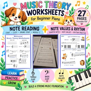 Puede incluir: Un conjunto de 27 hojas de trabajo de teoría musical imprimibles para piano principiante, con ilustraciones de un cachorro y un gatito. Las páginas incluyen lecciones sobre lectura de notas, pentagrama, claves, valores de notas y ritmo.