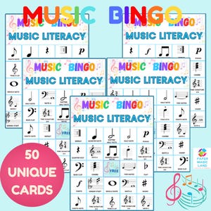 May include: A set of Music Bingo cards with musical notes and symbols. The cards feature the text "Music Bingo" in colorful letters and "Music Literacy." A pink circle displays "50 Unique Cards."