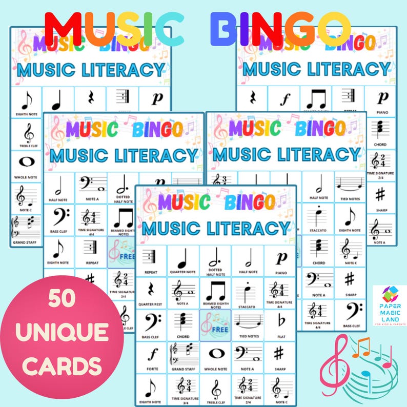 May include: A set of Music Bingo cards with musical notes and symbols. The cards feature the text "Music Bingo" in colorful letters and "Music Literacy." A pink circle displays "50 Unique Cards."