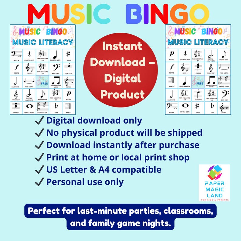 May include: A digital download graphic for Music Bingo, featuring musical notes and symbols. The design includes the text "Music Bingo" in colorful letters, and "Instant Download - Digital Product" in a red circle. The product is US Letter & A4 compatible.