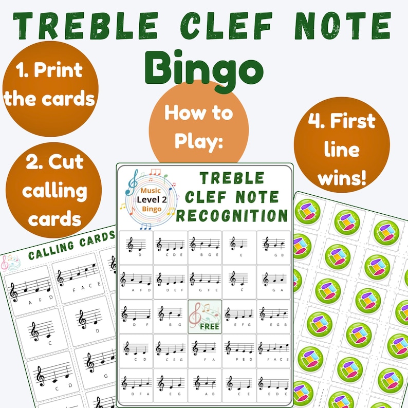 Op de afbeelding: Treble clef note herkenning bingospel. De afbeelding toont een bingokaart met muzieknoten, oproepkaarten en bingochips. Instructies in oranje cirkels met witte tekst.