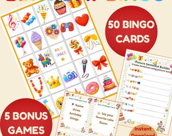 Birthday Bingo Game, 50 Unique Cards, + 5 Fun  Family Party Games /Digital Download