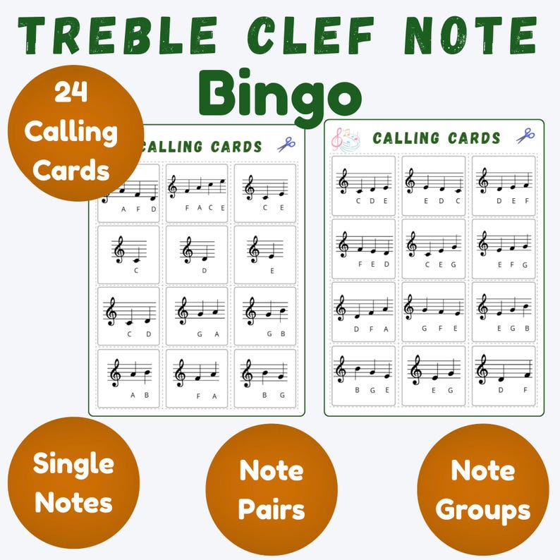 Op de afbeelding: Een Treble Clef Note Bingo-spel met 24 belkaarten. Het spel bevat enkele noten, notenparen en notengroepen. De titel "Treble Clef Note Bingo" staat bovenaan in het groen, met de woorden "Calling Cards" op de speelkaarten.