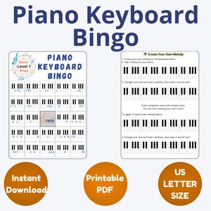 Op de afbeelding: Een afdrukbare PDF met de titel "Piano Keyboard Bingo" met twee spelbladen met pianoklavierdiagrammen en muzieknoten. Bevat de labels "Direct downloaden" en "US Letter Size", ideaal voor muziekonderwijs.