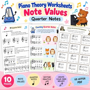 May include: A set of ten piano theory worksheets titled Piano Theory Worksheets Note Values Quarter Notes. The pages feature musical staves, quarter notes, time signatures, and illustrations of animals like hedgehogs, foxes, and penguins.