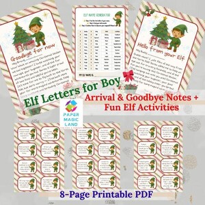 May include: A collection of printable Christmas-themed activities for boys, including elf letters, arrival and goodbye notes, and fun activities. The design features elf illustrations, Christmas trees, and festive text on a striped background.