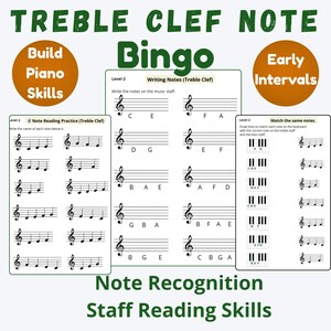 Op de afbeelding: Een muziekeducatie werkblad met de titel "Treble Clef Note Bingo". Het werkblad bevat oefeningen voor nootherkenning, noten lezen en noten schrijven. De tekst "Build Piano Skills" en "Early Intervals" zijn ook aanwezig.