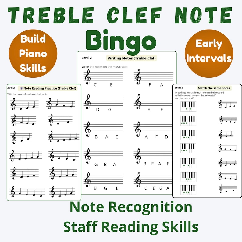 Op de afbeelding: Een muziekeducatie werkblad met de titel "Treble Clef Note Bingo". Het werkblad bevat oefeningen voor nootherkenning, noten lezen en noten schrijven. De tekst "Build Piano Skills" en "Early Intervals" zijn ook aanwezig.