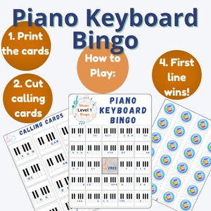 Op de afbeelding: Een kleurrijk pianoklavier bingospel. De set bevat belkaarten, bingokaarten en instructies. Het spel is ontworpen om spelers te helpen meer te leren over pianotoetsen en muzieknoten. De tekst op de kaarten bevat "Piano Keyboard Bingo" en "How to Play".