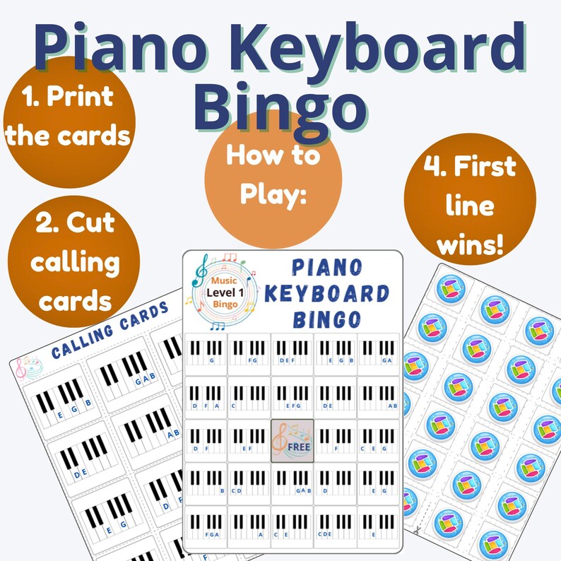 Op de afbeelding: Een kleurrijk pianoklavier bingospel. De set bevat belkaarten, bingokaarten en instructies. Het spel is ontworpen om spelers te helpen meer te leren over pianotoetsen en muzieknoten. De tekst op de kaarten bevat "Piano Keyboard Bingo" en "How to Play".