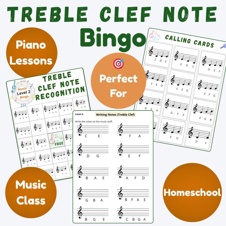 Op de afbeelding: Educatief materiaal voor muziektheorie, met de nadruk op de G-sleutel. De afbeelding toont bingokaarten, werkbladen voor nootherkenning en belkaarten. Tekst bevat "Treble Clef Note Bingo", "Pianolessen" en "Homeschooling", ideaal voor muzieklessen.
