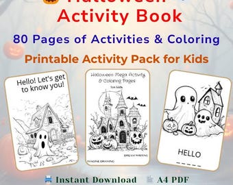 Livro de atividades de Halloween para crianças – 80 páginas para colorir e jogos imprimíveis / Idades 4–7