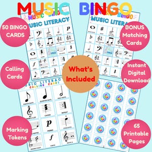 May include: Music Bingo game set with colorful text and musical notes. Includes 50 bingo cards, bonus matching cards, calling cards, marking tokens, and 65 printable pages. The words "What's Included" are in a brown circle.