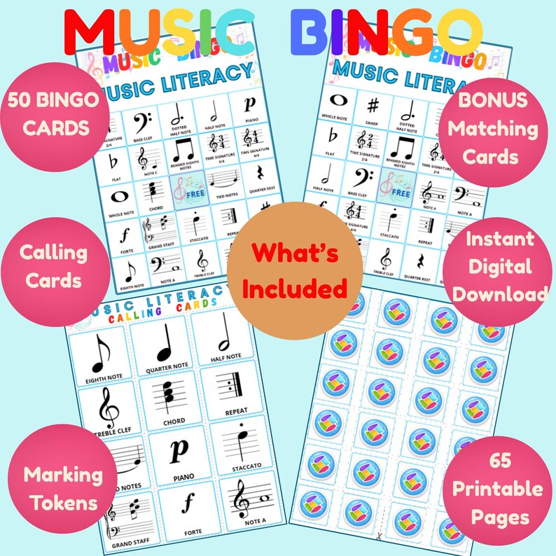 May include: Music Bingo game set with colorful text and musical notes. Includes 50 bingo cards, bonus matching cards, calling cards, marking tokens, and 65 printable pages. The words "What's Included" are in a brown circle.
