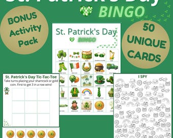 Jogo de Bingo do Dia de São Patrício – 50 Cartelas Exclusivas + Caça-Palavras, Detetive e Palavras Embaralhadas – Atividade para Sala de Aula para a Festa de São Patrício (PDF para Imprimir)