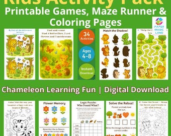 Pacote de Atividades Infantis | Jogos para Imprimir, Labirinto e Páginas para Colorir | Diversão Educativa Camaleão | Download Digital
