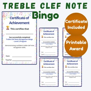 Op de afbeelding: Een verzameling afdrukbare muziekprijzen en certificaten. De certificaten dragen de tekst "Certificate of Achievement" en bevatten tekst over het herkennen van de G-sleutelnoten. De woorden "Treble Clef Note Bingo" staan bovenaan.