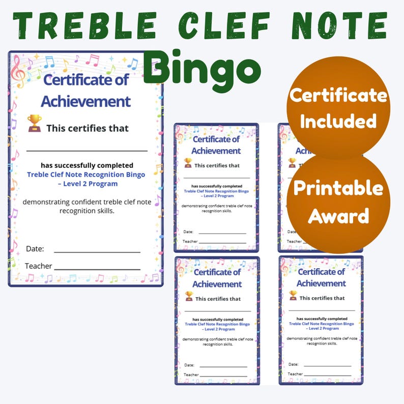 Op de afbeelding: Een verzameling afdrukbare muziekprijzen en certificaten. De certificaten dragen de tekst "Certificate of Achievement" en bevatten tekst over het herkennen van de G-sleutelnoten. De woorden "Treble Clef Note Bingo" staan bovenaan.