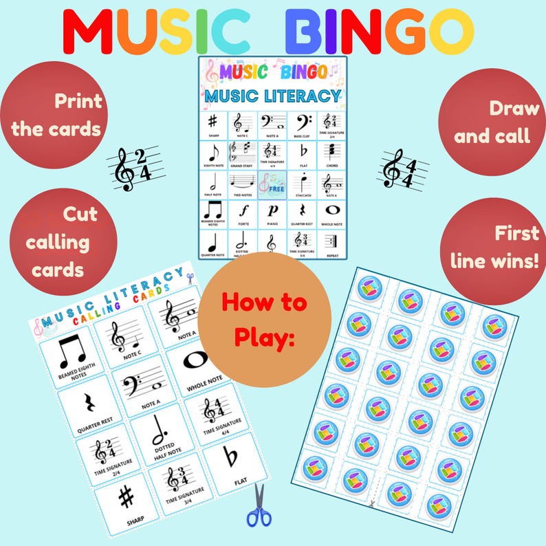 May include: A Music Bingo game set with colorful text and musical symbols. The game includes calling cards, bingo cards, and instructions. The text on the game includes "Music Bingo" and "Music Literacy".