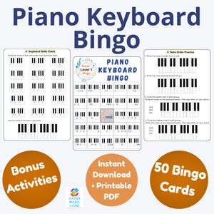 Op de afbeelding: Een afdrukbaar pianoklavierbingospel met de titel "Piano Keyboard Bingo" in grote blauwe letters. De afbeelding bevat oefenbladen, bonusactiviteiten en 50 bingokaarten. De tekst bevat "Direct downloaden - Printbare PDF".
