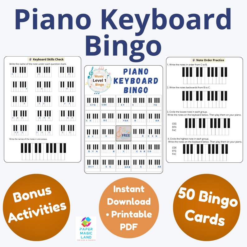 Op de afbeelding: Een afdrukbaar pianoklavierbingospel met de titel "Piano Keyboard Bingo" in grote blauwe letters. De afbeelding bevat oefenbladen, bonusactiviteiten en 50 bingokaarten. De tekst bevat "Direct downloaden - Printbare PDF".